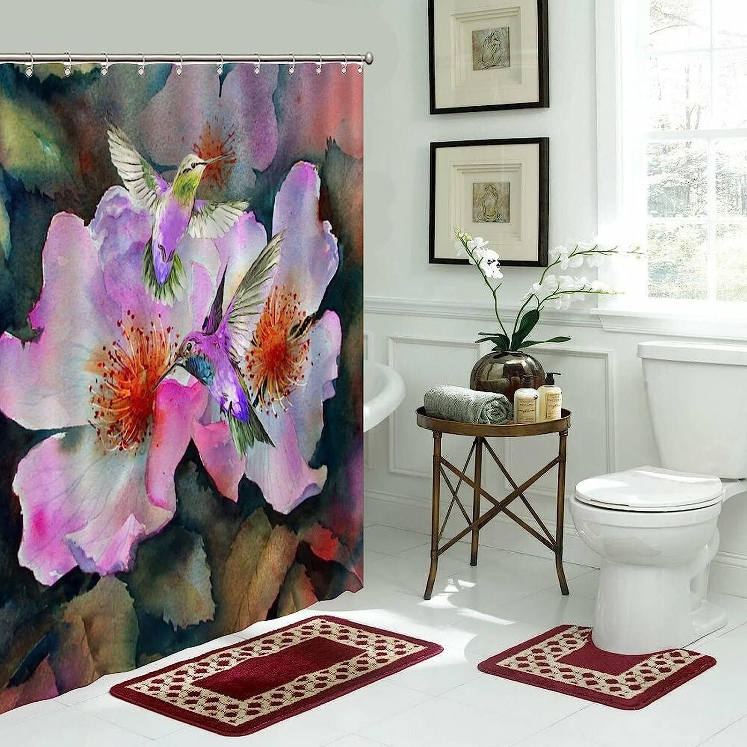 Colorful Fabric Shower Curtain with Cute Hummingbird and Flower Design
