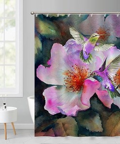 Colorful Fabric Shower Curtain with Cute Hummingbird and Flower Design
