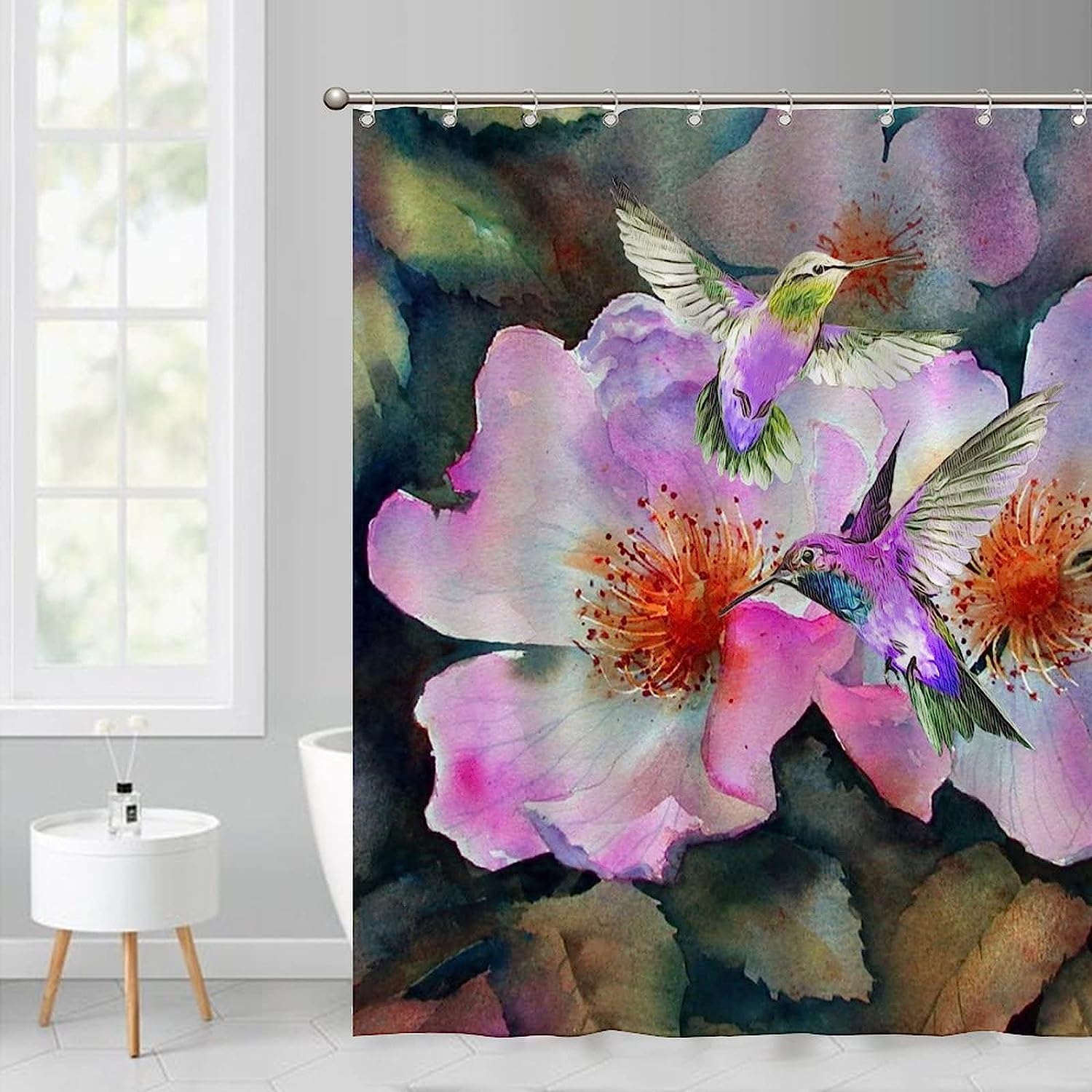 Colorful Fabric Shower Curtain with Cute Hummingbird and Flower Design