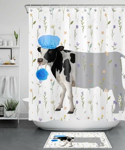 Colorful Farmhouse Cow With Wildflowers Bathroom Shower Curtain