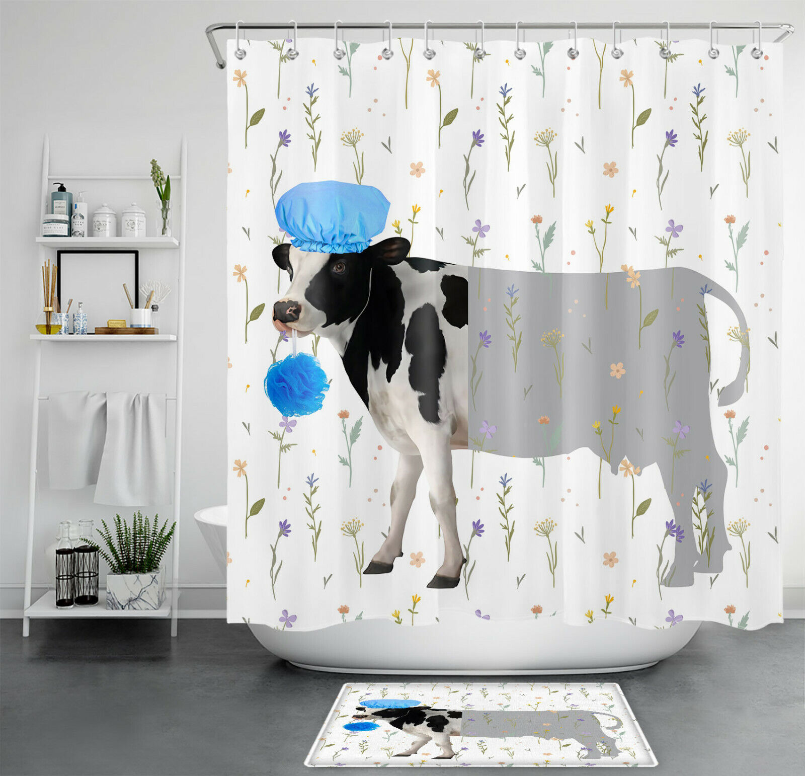 Colorful Farmhouse Cow With Wildflowers Bathroom Shower Curtain