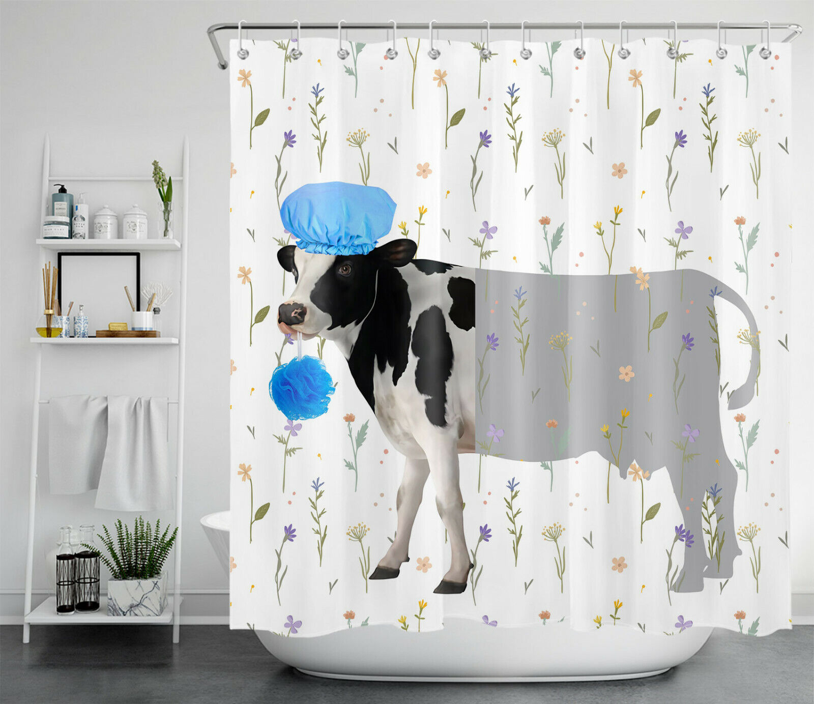 Colorful Farmhouse Cow With Wildflowers Bathroom Shower Curtain - Image 2