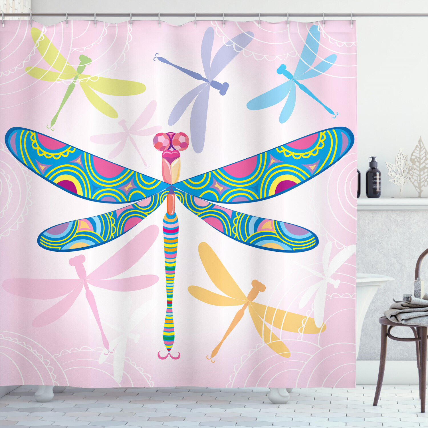 Colorful Figure Dragons Dragonfly Shower Curtain For Kids' Bath Time