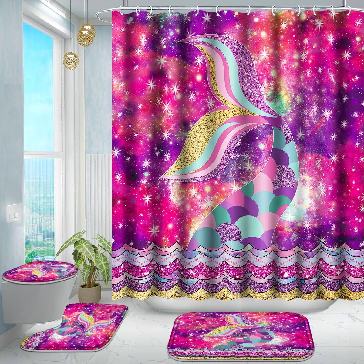 Colorful Fish Scale Tail Print Shower Curtain for Kid's Bathroom