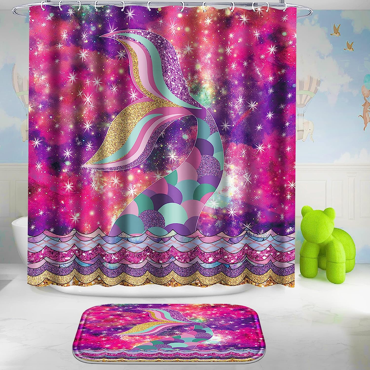 Colorful Fish Scale Tail Print Shower Curtain for Kid's Bathroom