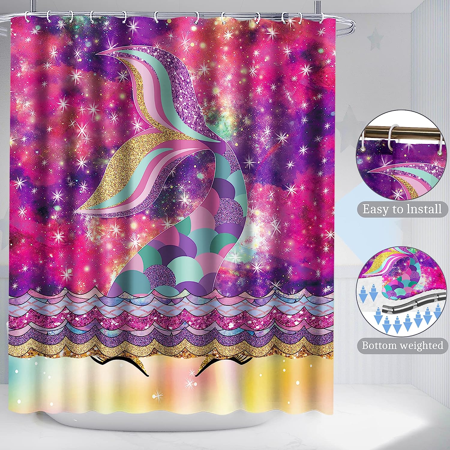 Colorful Fish Scale Tail Print Shower Curtain for Kid's Bathroom