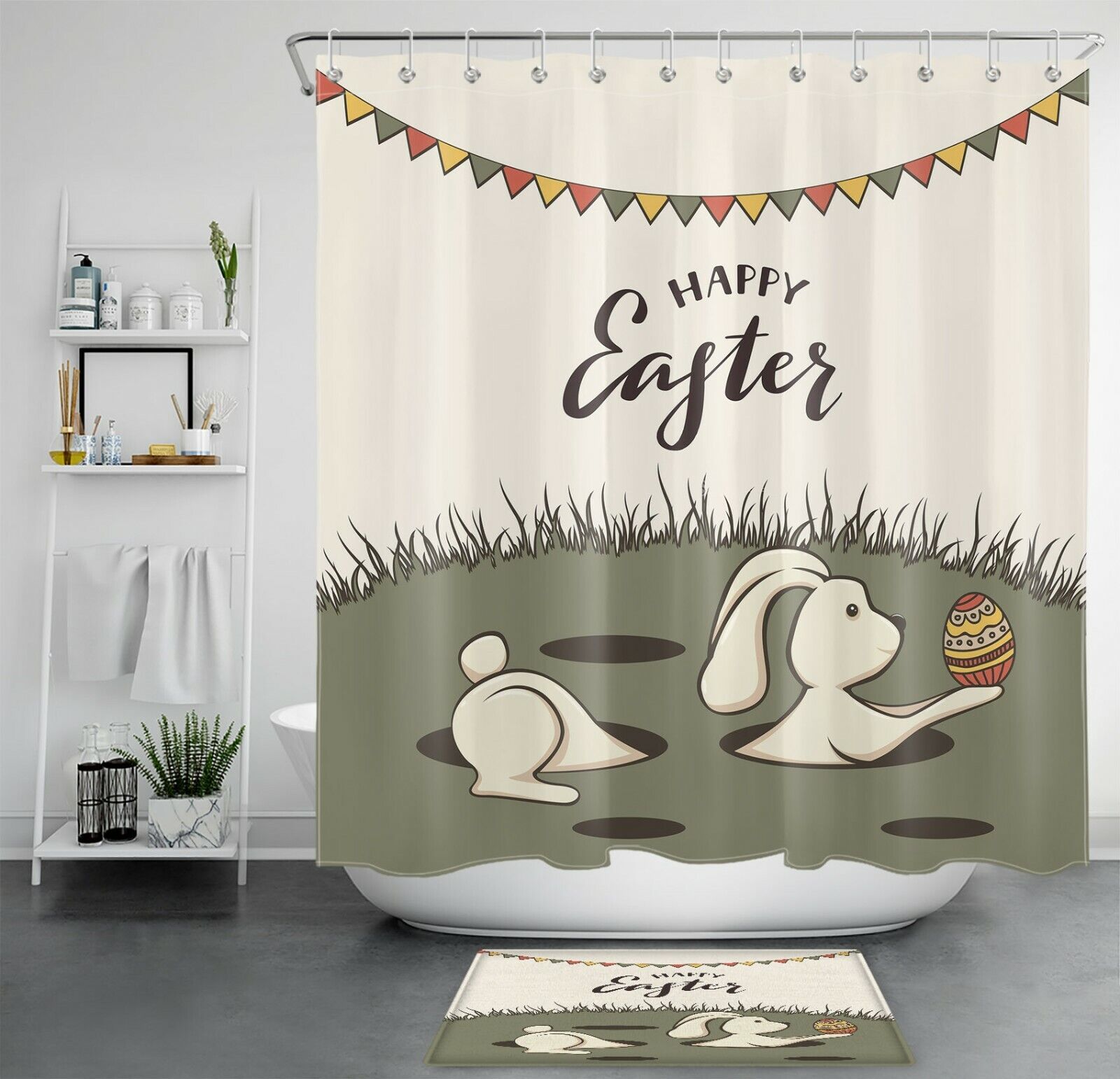 Colorful Flags Easter Rabbit Shower Curtain With Funny Eggs For Bathroom Decor