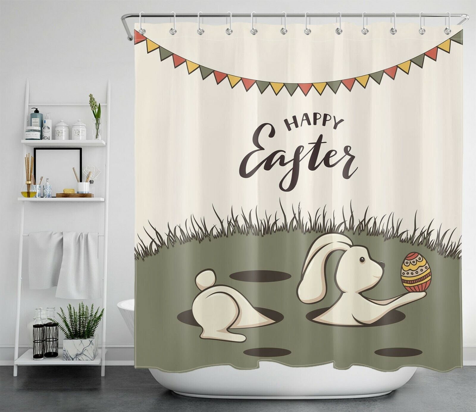 Colorful Flags Easter Rabbit Shower Curtain With Funny Eggs For Bathroom Decor