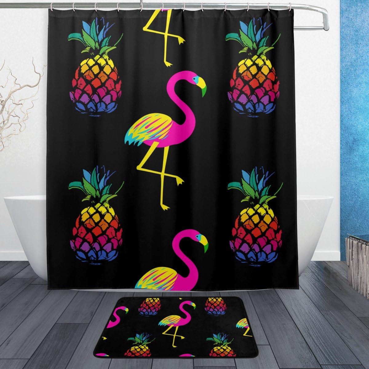 Colorful Flamingo Pineapple Shower Curtain, Vibrant Bathroom Decor