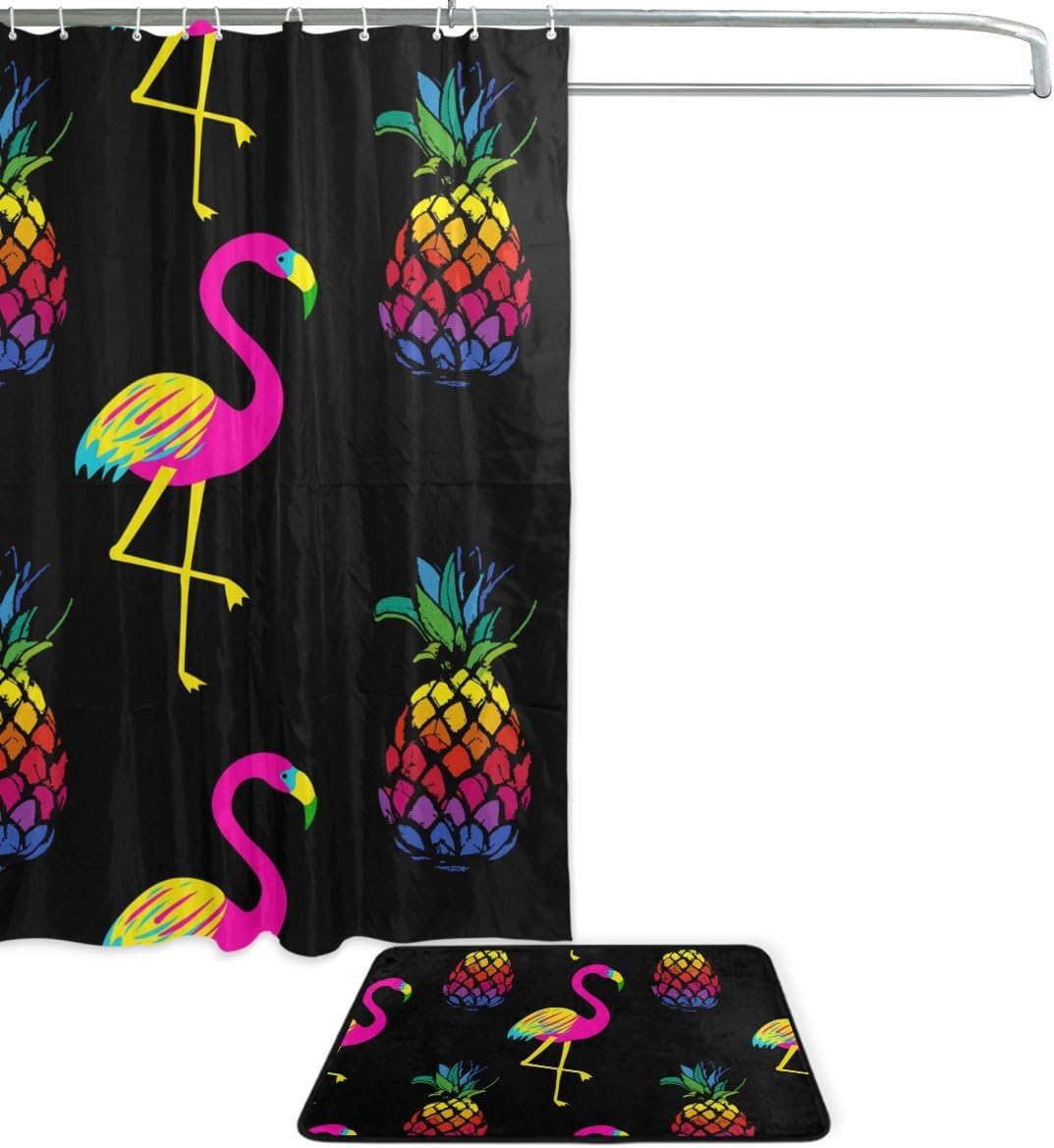 Colorful Flamingo Pineapple Shower Curtain, Vibrant Bathroom Decor