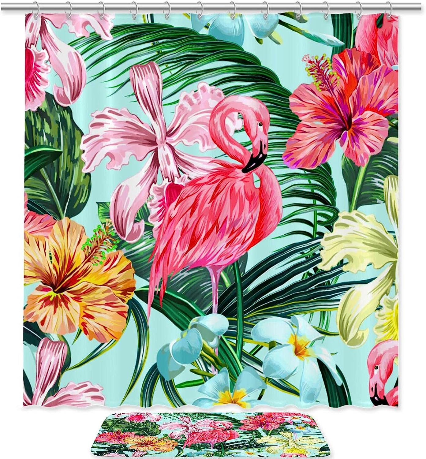 Colorful Flamingo Tropical Pattern Shower Curtain For A Relaxing Bathroom