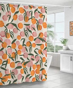 Colorful Floral Peach Fruit Waterproof Fabric Shower Curtain
