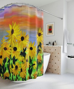 Colorful Floral Sunflowers Bathroom Shower Curtain, Artistic Sunset Design, Travel Accessory for Home 