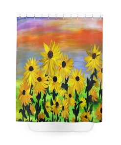 Colorful Floral Sunflowers Bathroom Shower Curtain, Artistic Sunset Design, Travel Accessory for Home