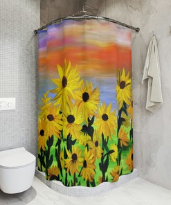 Colorful Floral Sunflowers Bathroom Shower Curtain, Artistic Sunset Design, Travel Accessory for Home 