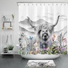Colorful Flower And Mountain Highland Cow Printed Shower Curtain For Bathroom