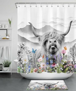 Colorful Flower And Mountain Highland Cow Printed Shower Curtain For Bathroom