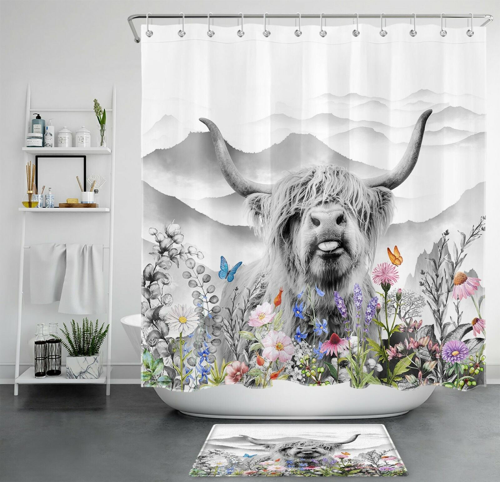 Colorful Flower And Mountain Highland Cow Printed Shower Curtain For Bathroom