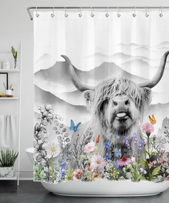 Colorful Flower And Mountain Highland Cow Printed Shower Curtain For Bathroom