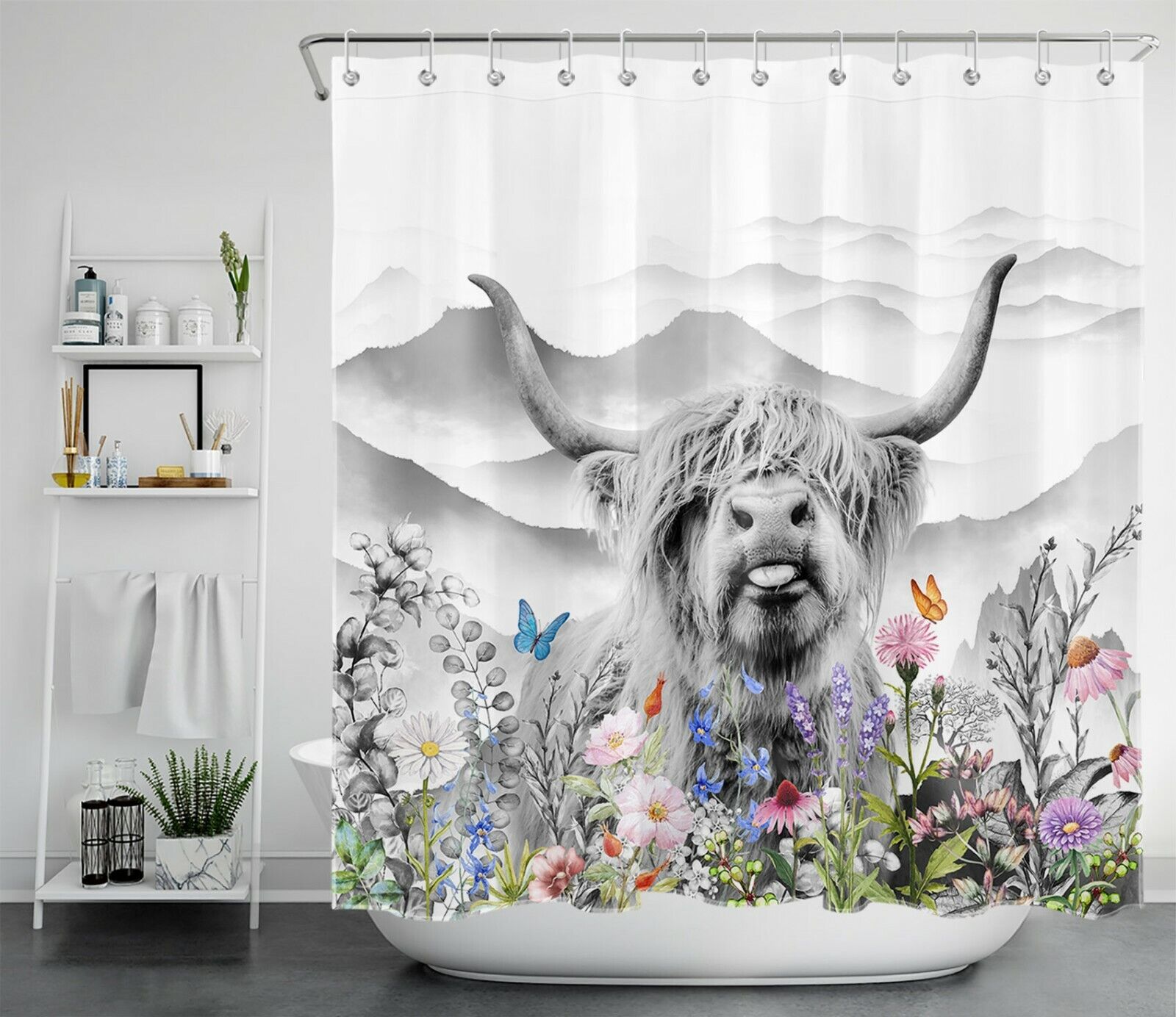 Colorful Flower And Mountain Highland Cow Printed Shower Curtain For Bathroom