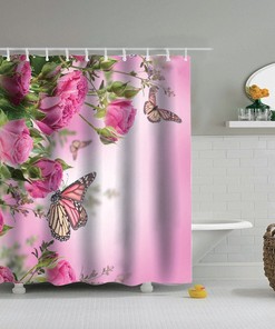 Colorful Flower Butterfly Design Print Shower Curtain For Modern Bathroom