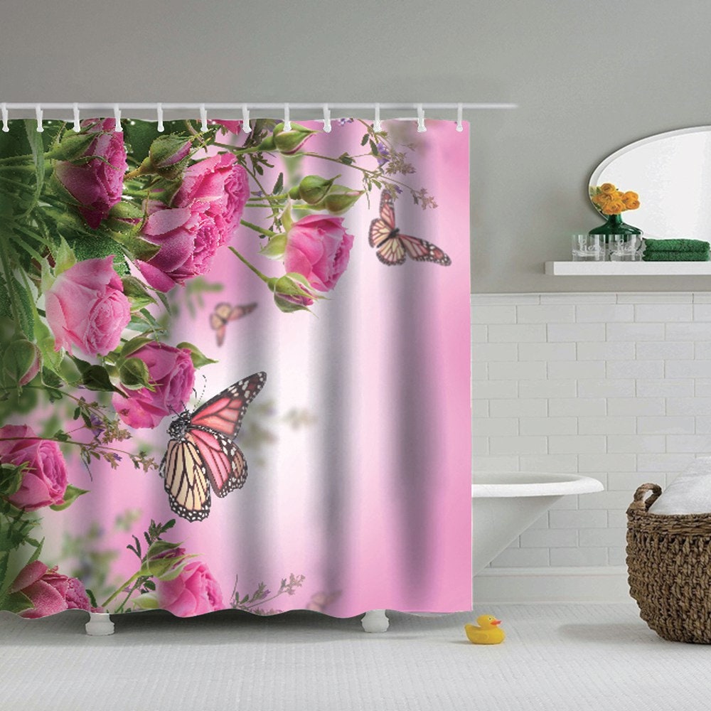 Colorful Flower Butterfly Design Print Shower Curtain For Modern Bathroom