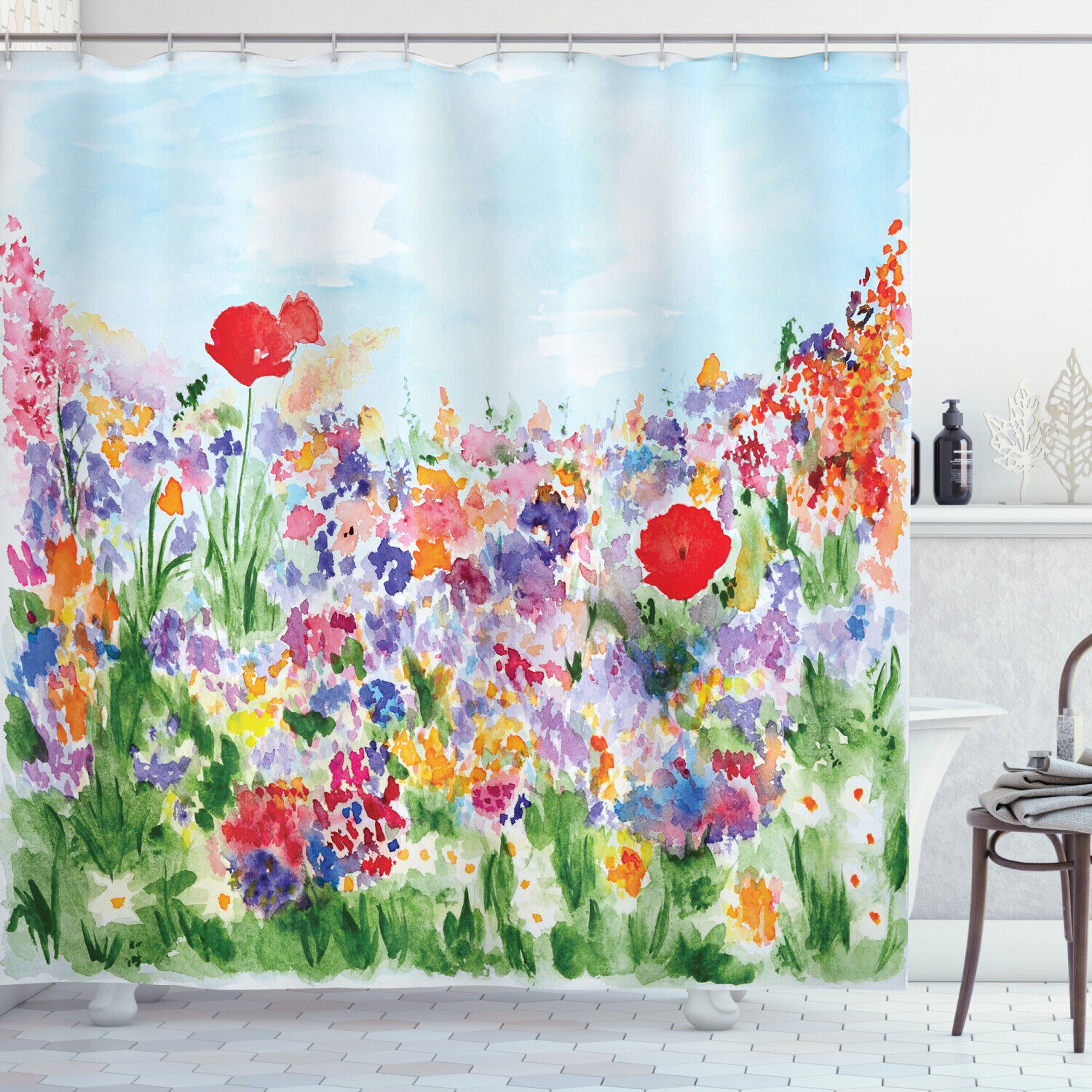 Colorful Flower Garden Themed Artsy Shower Curtain - Botanical Bathroom Decor