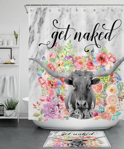 Colorful Flower Highland Cow Print Shower Curtain For Farmhouse Bathroom