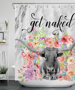 Colorful Flower Highland Cow Print Shower Curtain For Farmhouse Bathroom