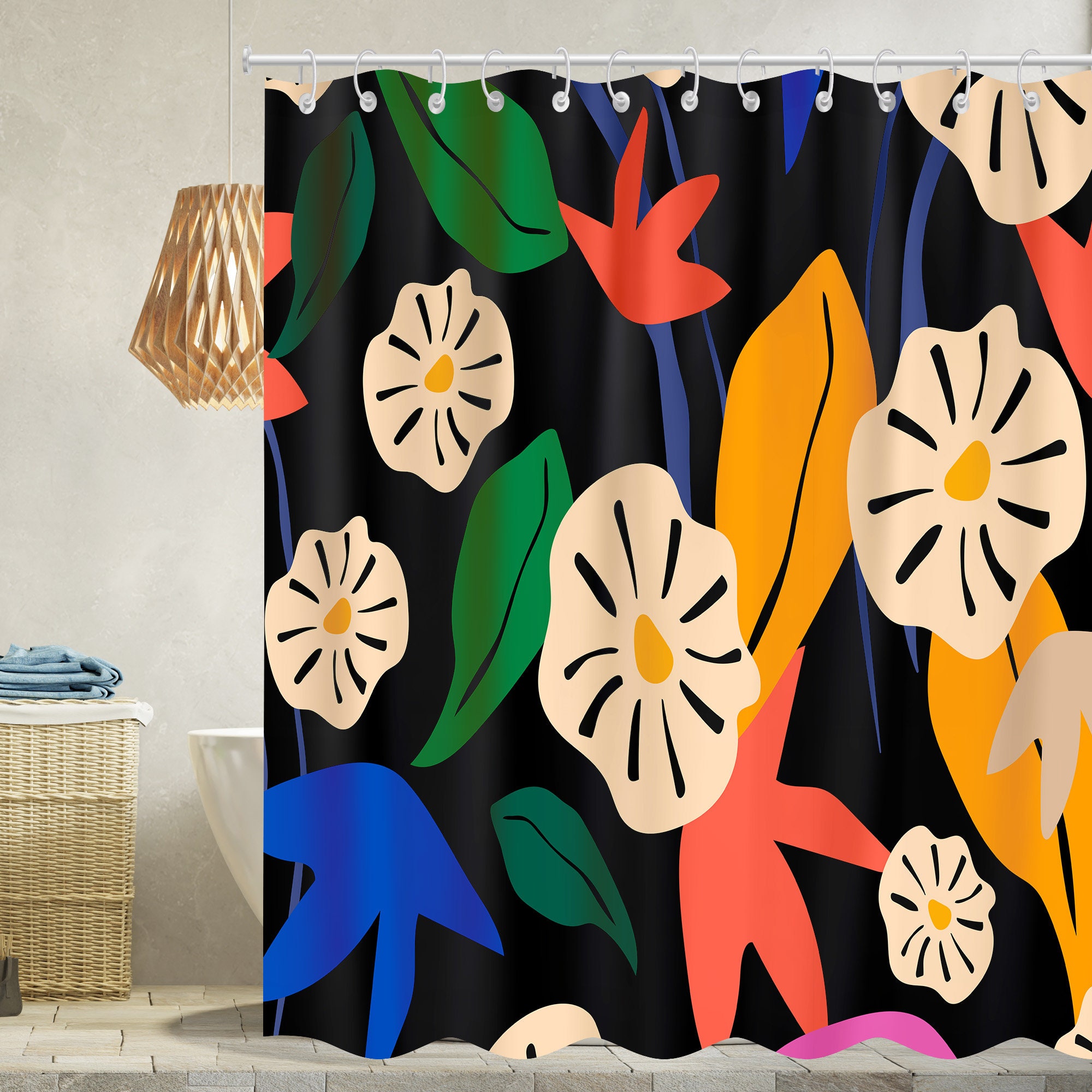 Colorful Flower Shower Curtain Modern Waterproof Fabric with Plants Print