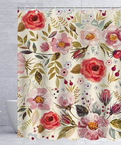 Colorful Flower Shower Curtain With Red And Pink Flower Watercolor Print For A Lively Atmosphere