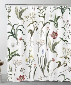 Colorful Flower Shower Curtain with Spring Botanical Leaves, perfect for Nature-loving Bathroom Decor