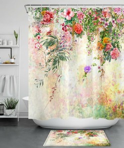 Colorful Flower and Green Leaf Shower Curtain for Spring Garden Bathroom 