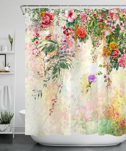 Colorful Flower and Green Leaf Shower Curtain for Spring Garden Bathroom