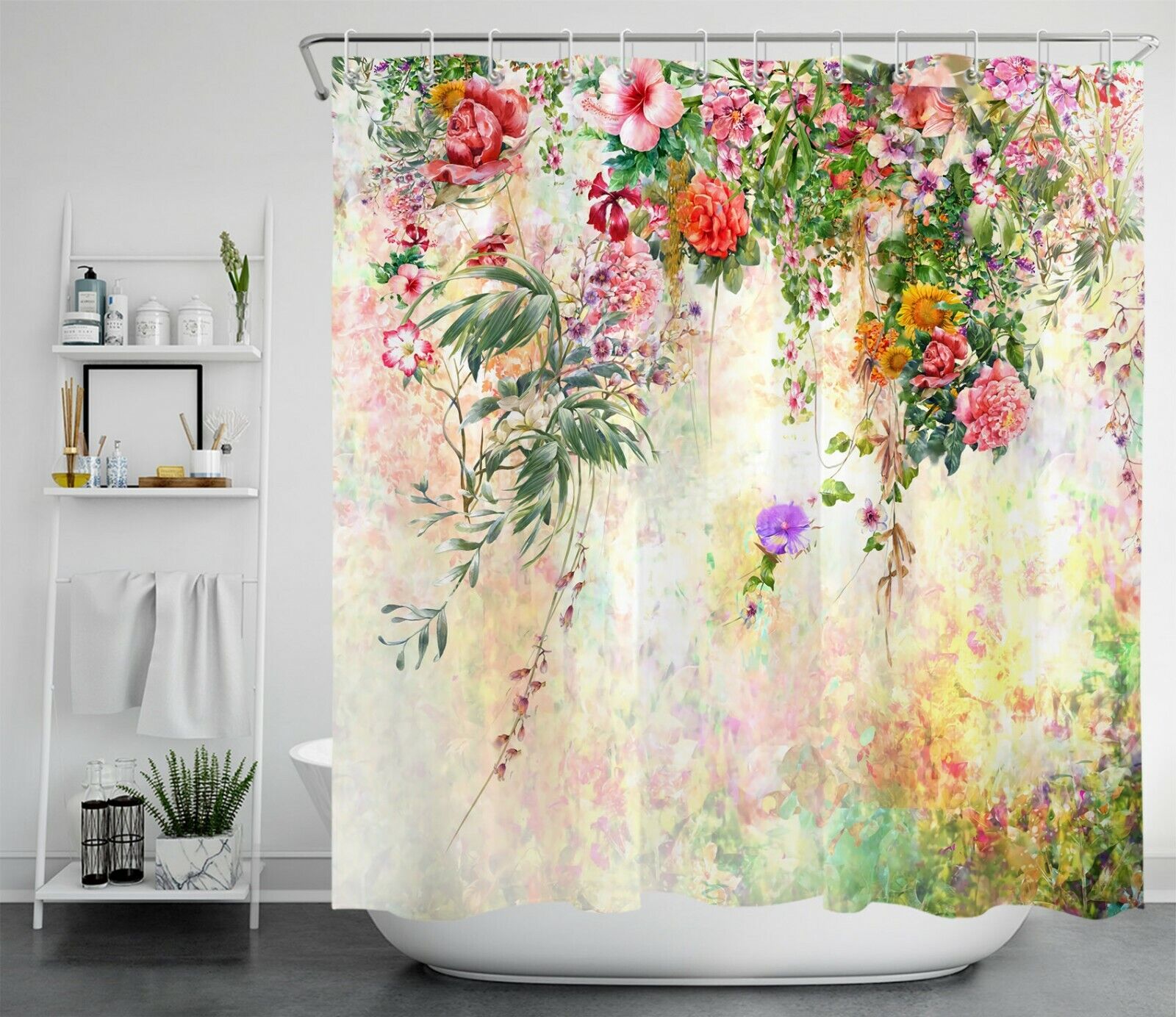 Colorful Flower and Green Leaf Shower Curtain for Spring Garden Bathroom