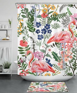 Colorful Flowers And Flamingo Printed Unique Shower Curtain For Your Bathroom 