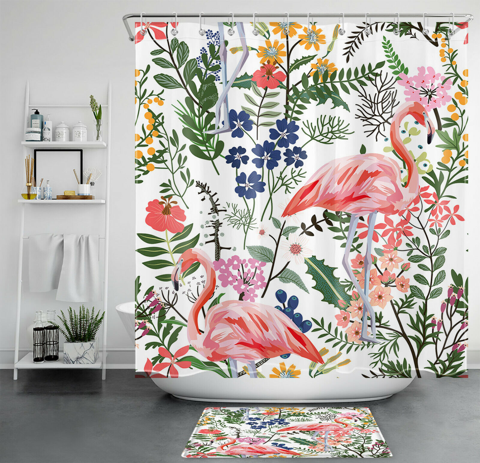 Colorful Flowers And Flamingo Printed Unique Shower Curtain For Your Bathroom