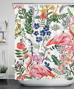 Colorful Flowers And Flamingo Printed Unique Shower Curtain For Your Bathroom