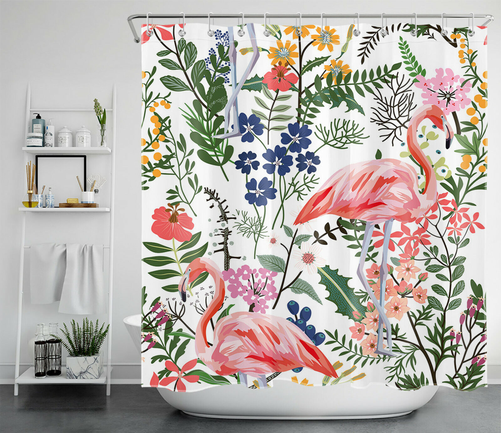 Colorful Flowers And Flamingo Printed Unique Shower Curtain For Your Bathroom