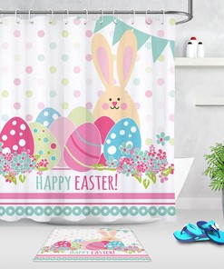Colorful Flowers Easter Rabbit Shower Curtain With Funny Eggs For Bathroom Decor