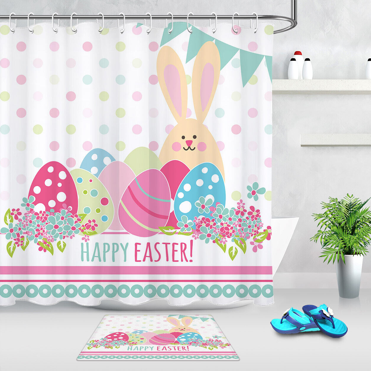Colorful Flowers Easter Rabbit Shower Curtain With Funny Eggs For Bathroom Decor