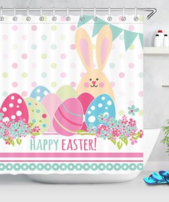 Colorful Flowers Easter Rabbit Shower Curtain With Funny Eggs For Bathroom Decor