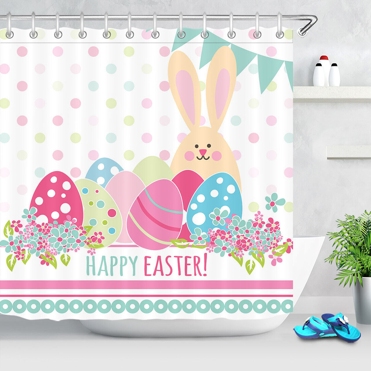 Colorful Flowers Easter Rabbit Shower Curtain With Funny Eggs For Bathroom Decor