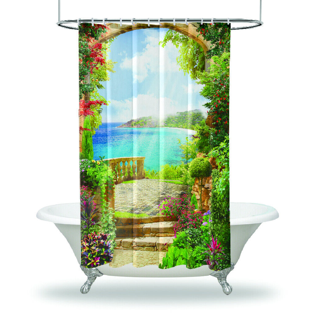 Colorful Flowers Garden Balcony View Shower Curtain For Bathroom Decor