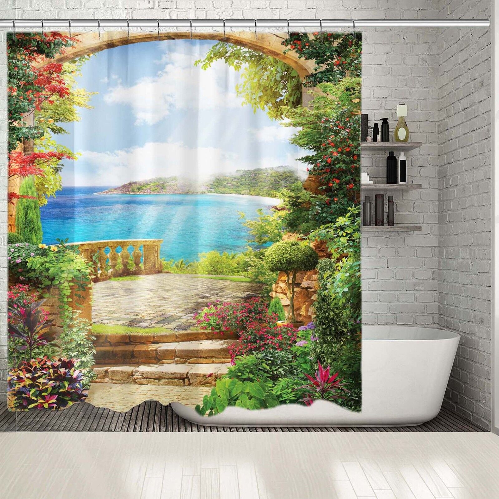 Colorful Flowers Garden Balcony View Shower Curtain For Bathroom Decor - Image 2