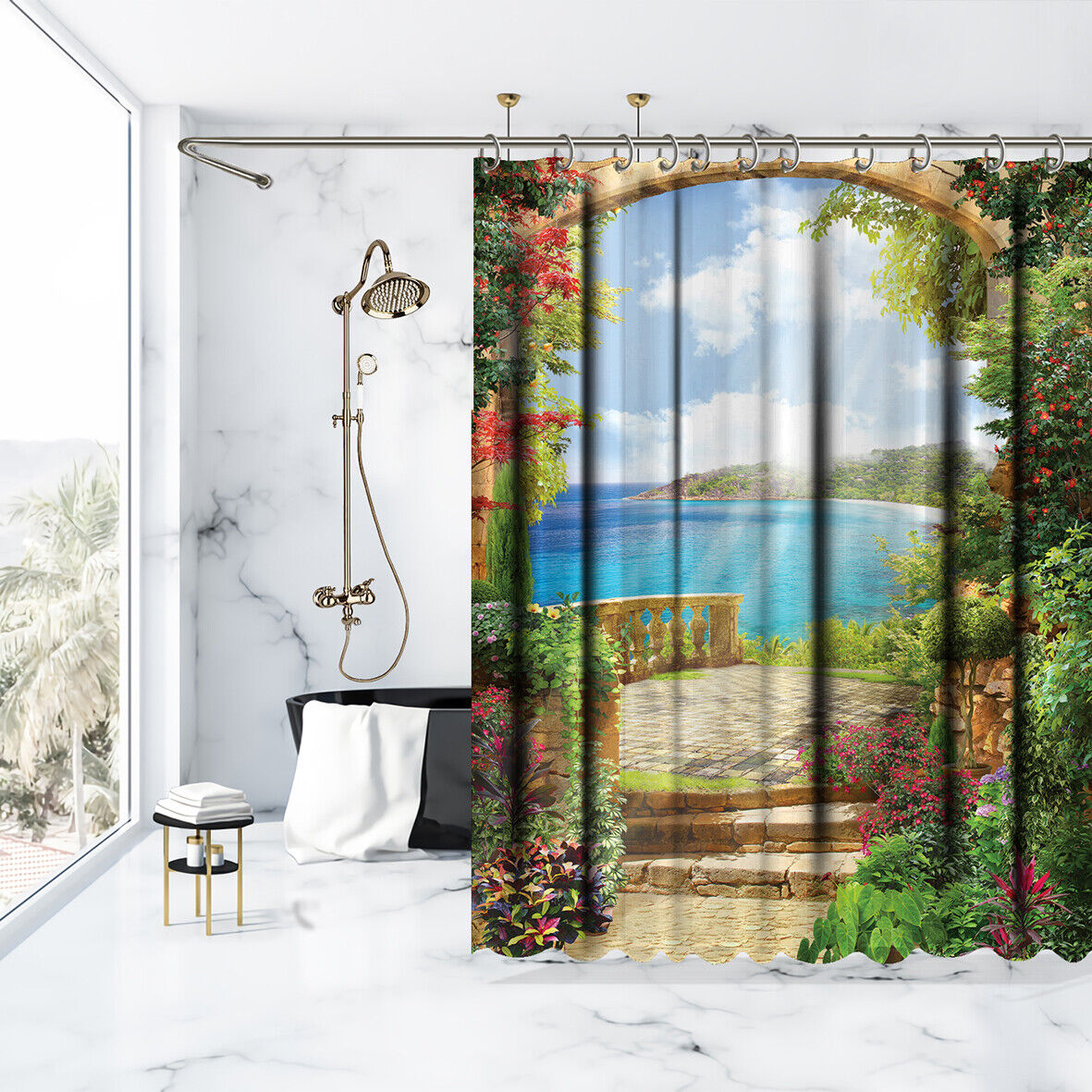 Colorful Flowers Garden Balcony View Shower Curtain For Bathroom Decor - Image 3