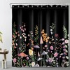 Colorful Flowers Mushroom Black Shower Curtain with Bathroom Accessories