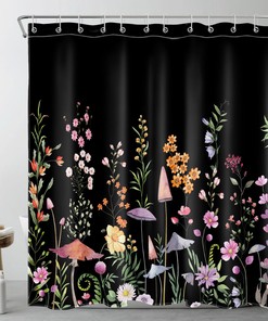 Colorful Flowers Mushroom Black Shower Curtain with Bathroom Accessories