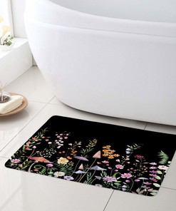 Colorful Flowers Mushroom Black Shower Curtain with Bathroom Accessories