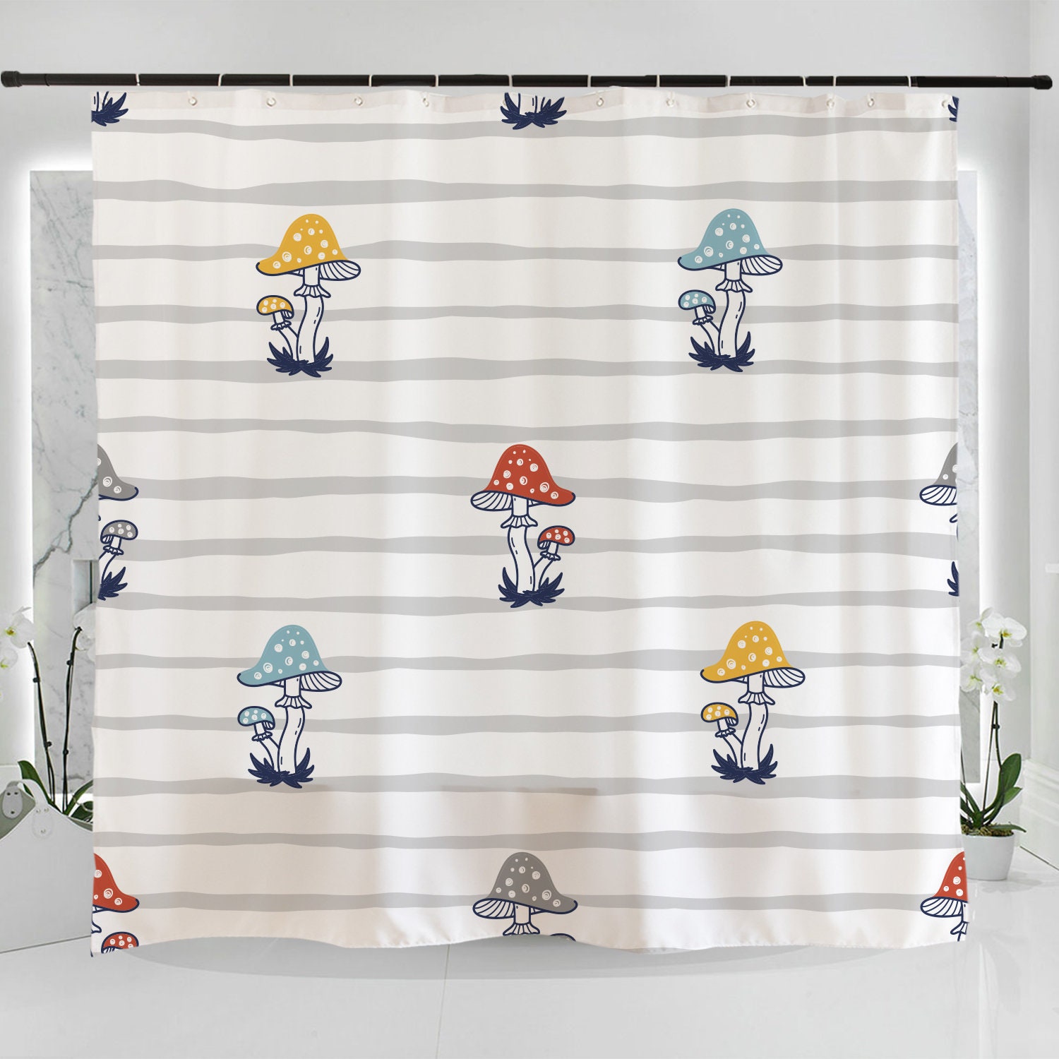 Colorful Fly Agaric Art Shower Curtain With Striped Mushrooms Art Illustration